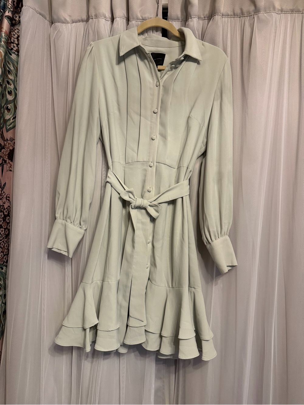 Alex Marie Light Sage Green Ruffled Shirt Dress